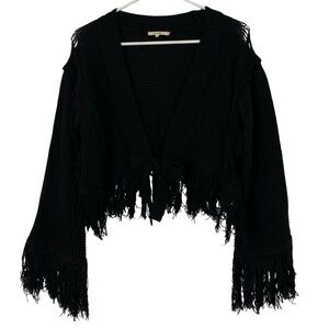 Tularosa Fringe Cardigan Sweater Womens Size Small Black Tie Front Cropped